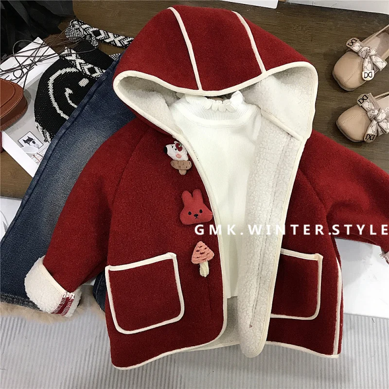 

Girls' Fleece-Lined Jacket Autumn Winter New Baby Lamb Wool Thickened Hooded Coat Children's Winter Coat