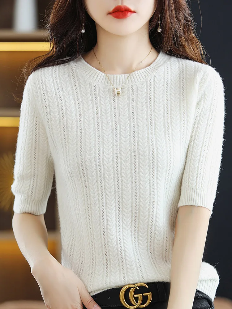ADDONEE  Women Summer T-shirt Half-sleeve Hollow O-neck Pullover Sweater 100% Merino Wool Knitwear Office Lady Clothing Cashmere