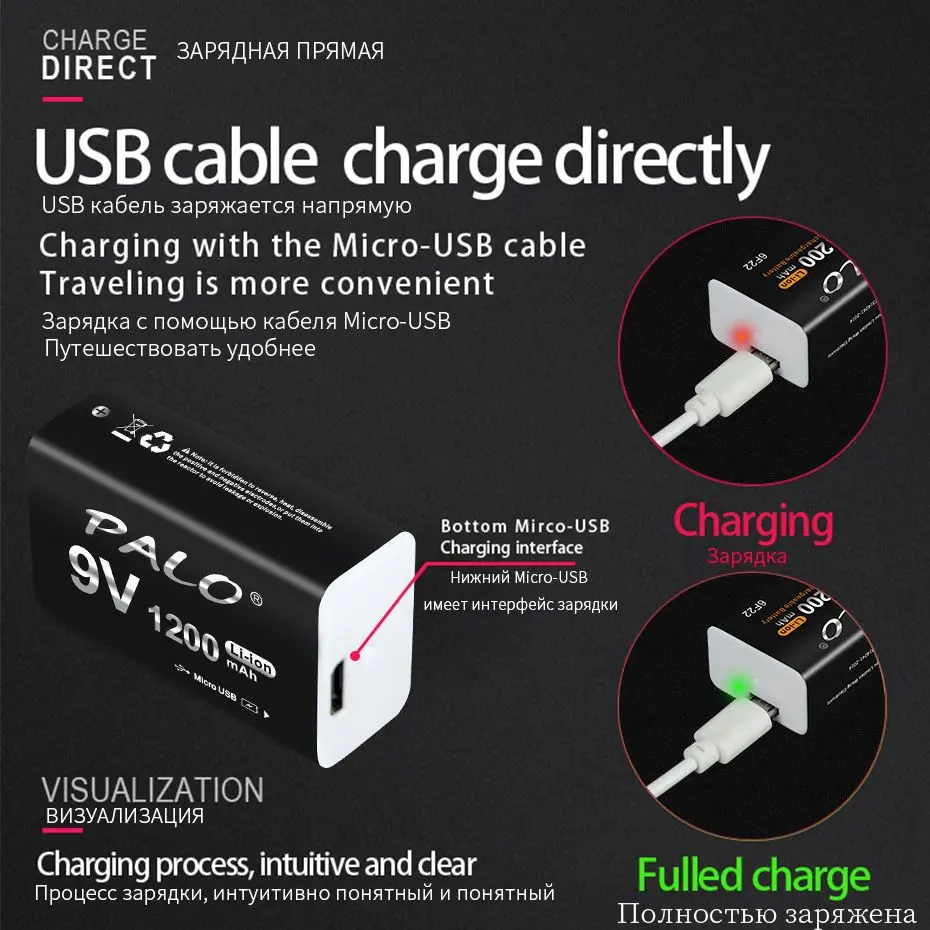 крона на литийионе 9 вольт, крона 9v аккумулятор usb, Оптовая продажа, литий-ионный аккумулятор PALO 6F22 9 В, литий-ионные батареи высокой емкости с постоянным напряжением, зарядка через Usb, стандартный индикатор