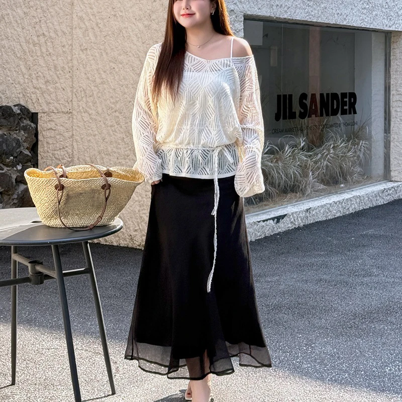 

Модная женская одежда больших размеров XXXL: Премиум-кардиган во французском стиле, ажурный вязаный, свободный крой, весна-осень