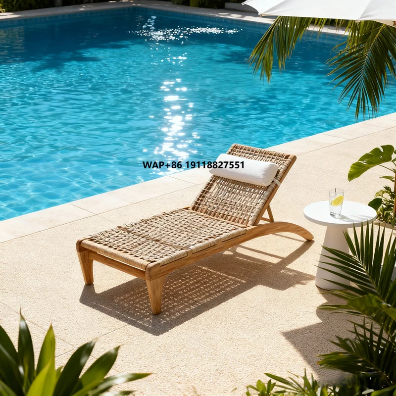 الجملة الحديثة المحمولة في الهواء الطلق شاطئ حمام سباحة كرسي الشمس مع خشب الساج و PE الروطان للماء دائم #1