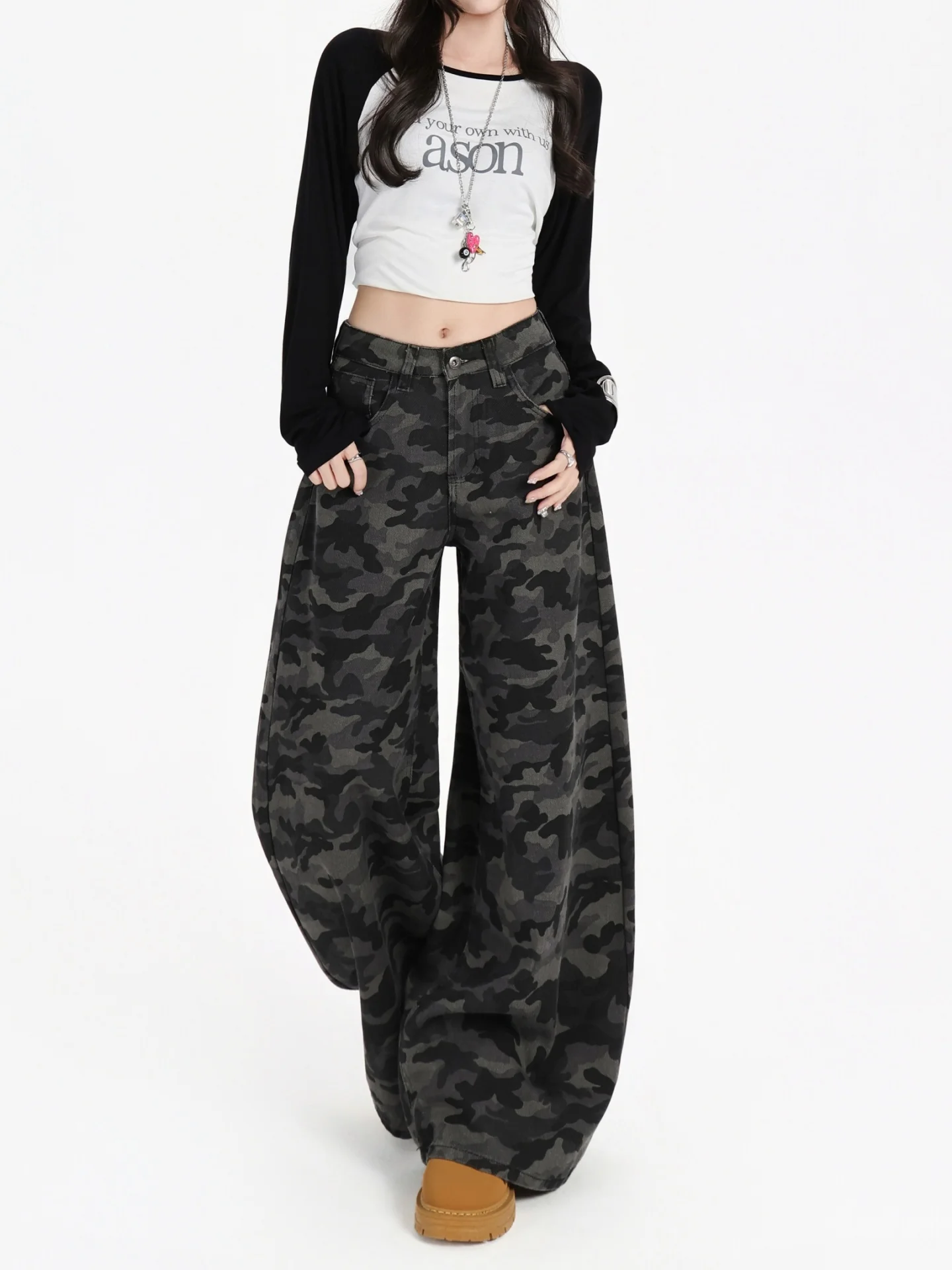 

Большие размеры, американские камуфляжные широкие джинсы в стиле ретро, женские прямые свободные брюки с высокой талией, рабочая одежда, осенние новые брюки