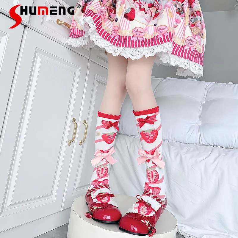 

Red Cute Strawberry Print Over Knee Socks Sweet Girl Cosplay Love Velvet Bow Lolita Hosiery Japanese Y2k Stockings For Ladies