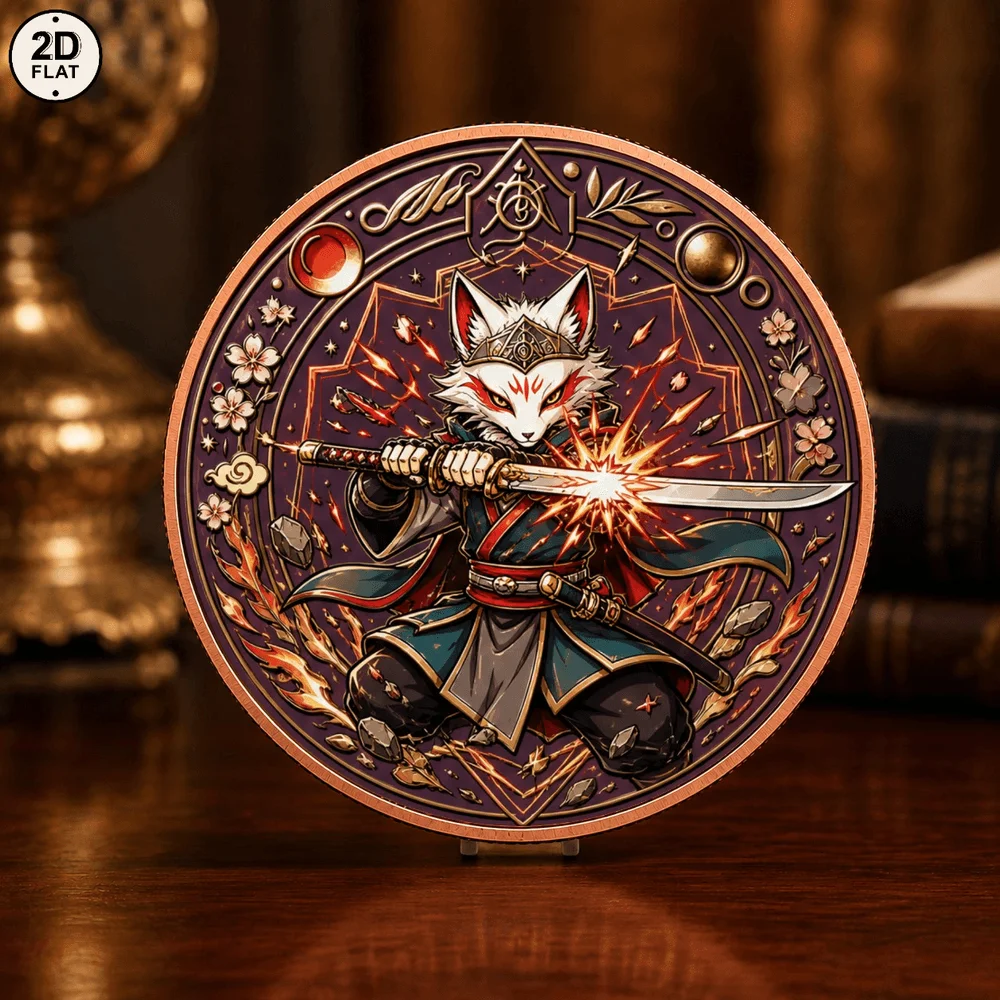 1pc Magical Fox Samurai Challenge Coin 1oz .999 Fine Copper Coin Japanese Myth Katana Sakura Fantasy Collectible Home Decor Gift