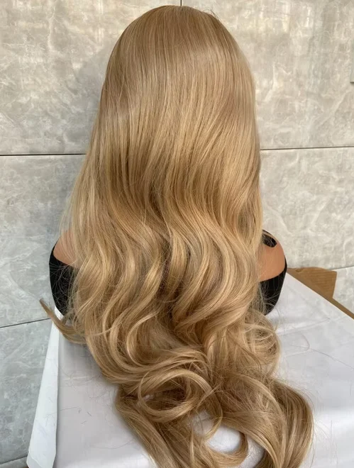 Perruque Lace Front Wig synthétique naturelle ondulée, cheveux humains, blond, long, mélange thermique, pour femmes