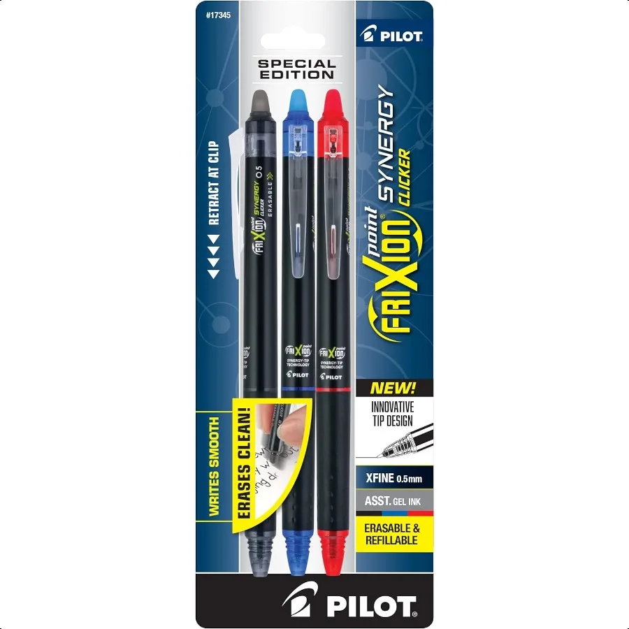 

FriXion Synergy Clicker Erasable Refillable Retractable Gel Ink Pens Extra Fine Point 0.5 mm Pack of 3 Black Blue Red