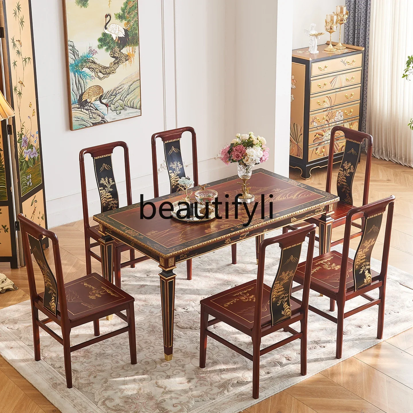 2003 New Chinese style painting good luck 1.2 meters solid wood rectangular dining table and chairs