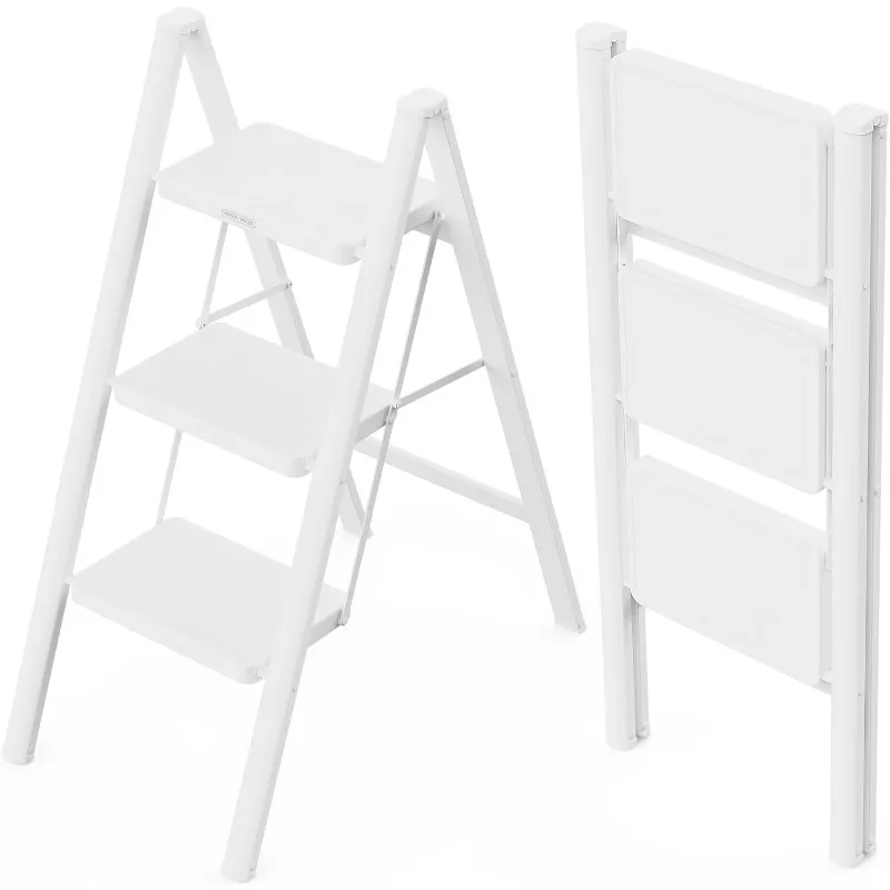 

3 Step Ladder, Folding Step Stool with Wide Pedals, Compact Stepping Stool for Kitchen, Sturdy Steel Ladders with Anti-Slip Feet