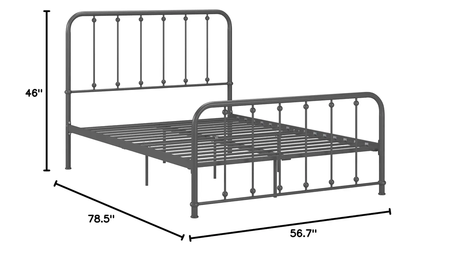 Metal Bed with Beaded Headboard, Frost Grey Finish, Full Size, Customized