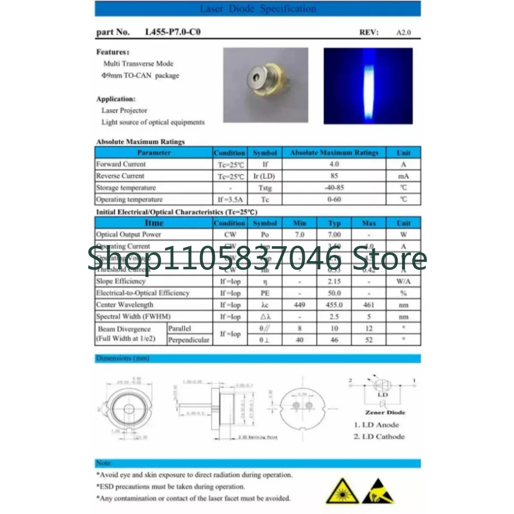 455nm 7W TO9 diode multi-mode fast axis collimation high power