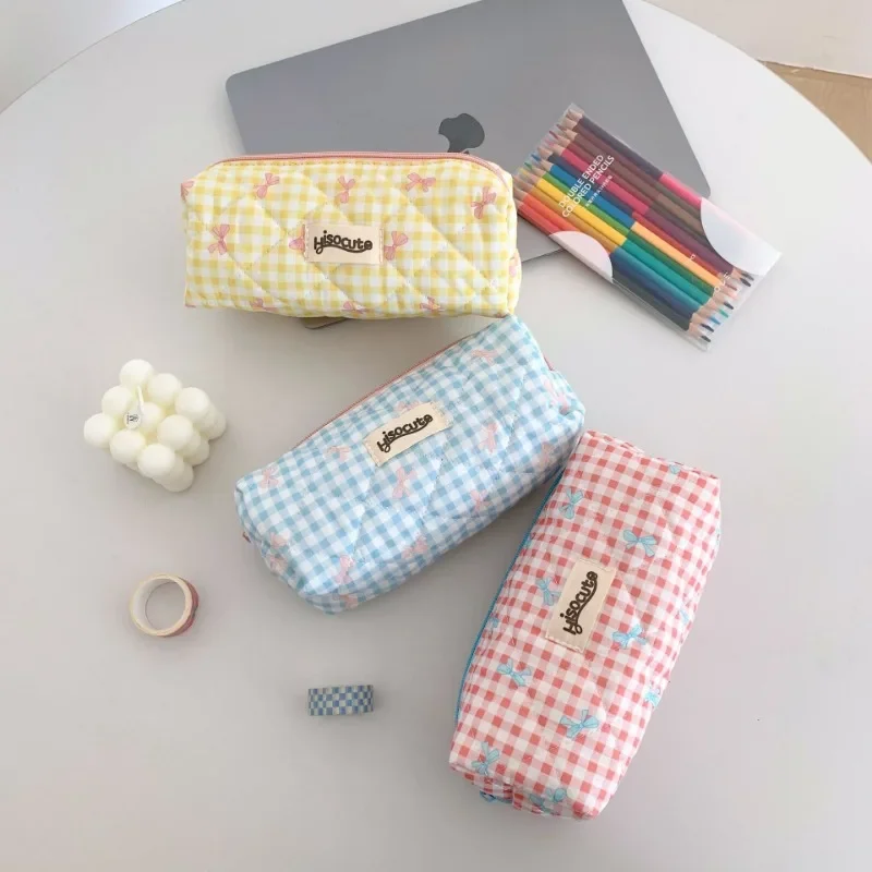 Sweet Chic Korean Pencil Case for Student Kawaii Bow Plaid Pencil Pouch Mini Portable Stationery Holder Cute School Supplies