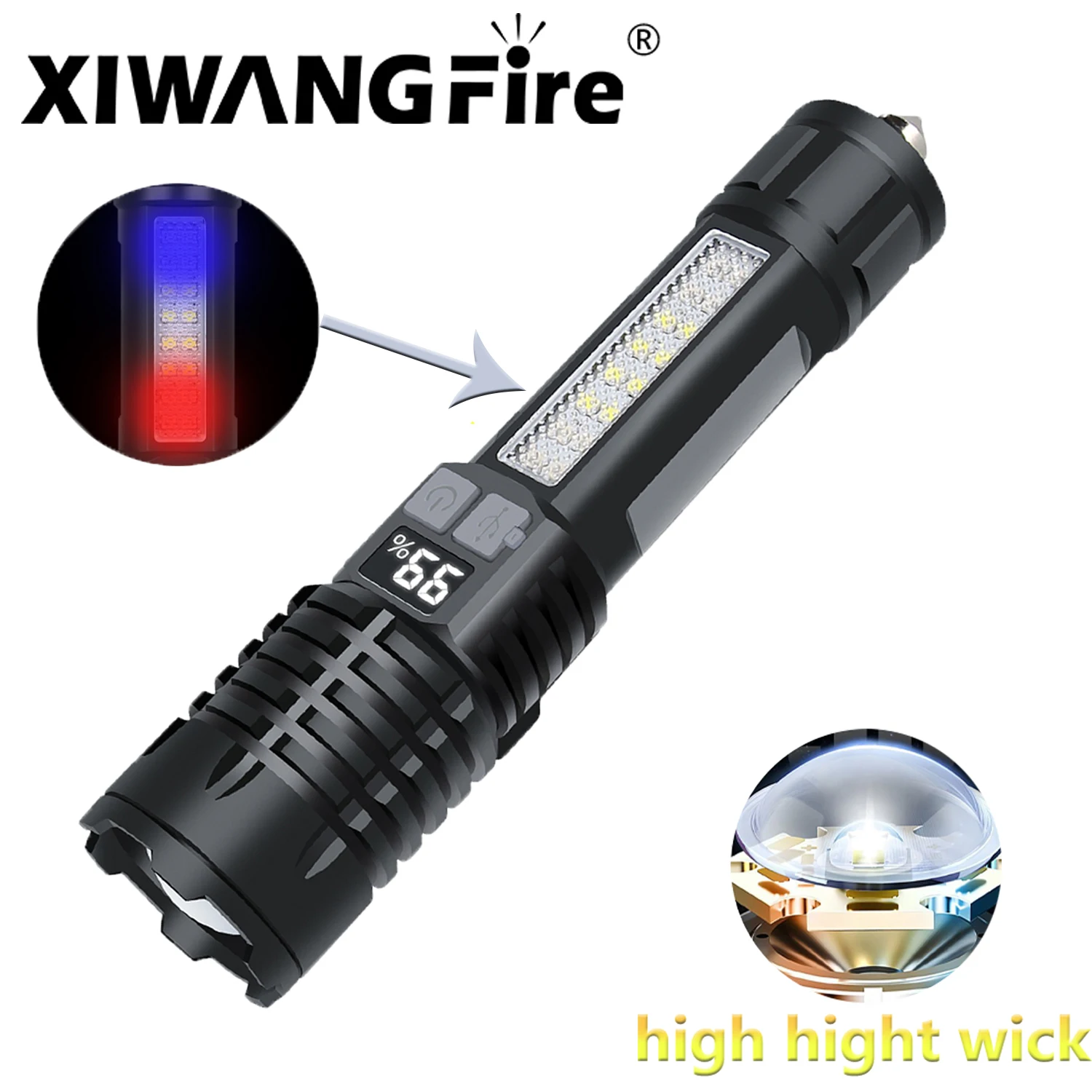 LED Self-Defense Portable Flashlight, Multiple Function Modes, with Side Lights, Built-in Cutting Tool, and Tail Window Hammer