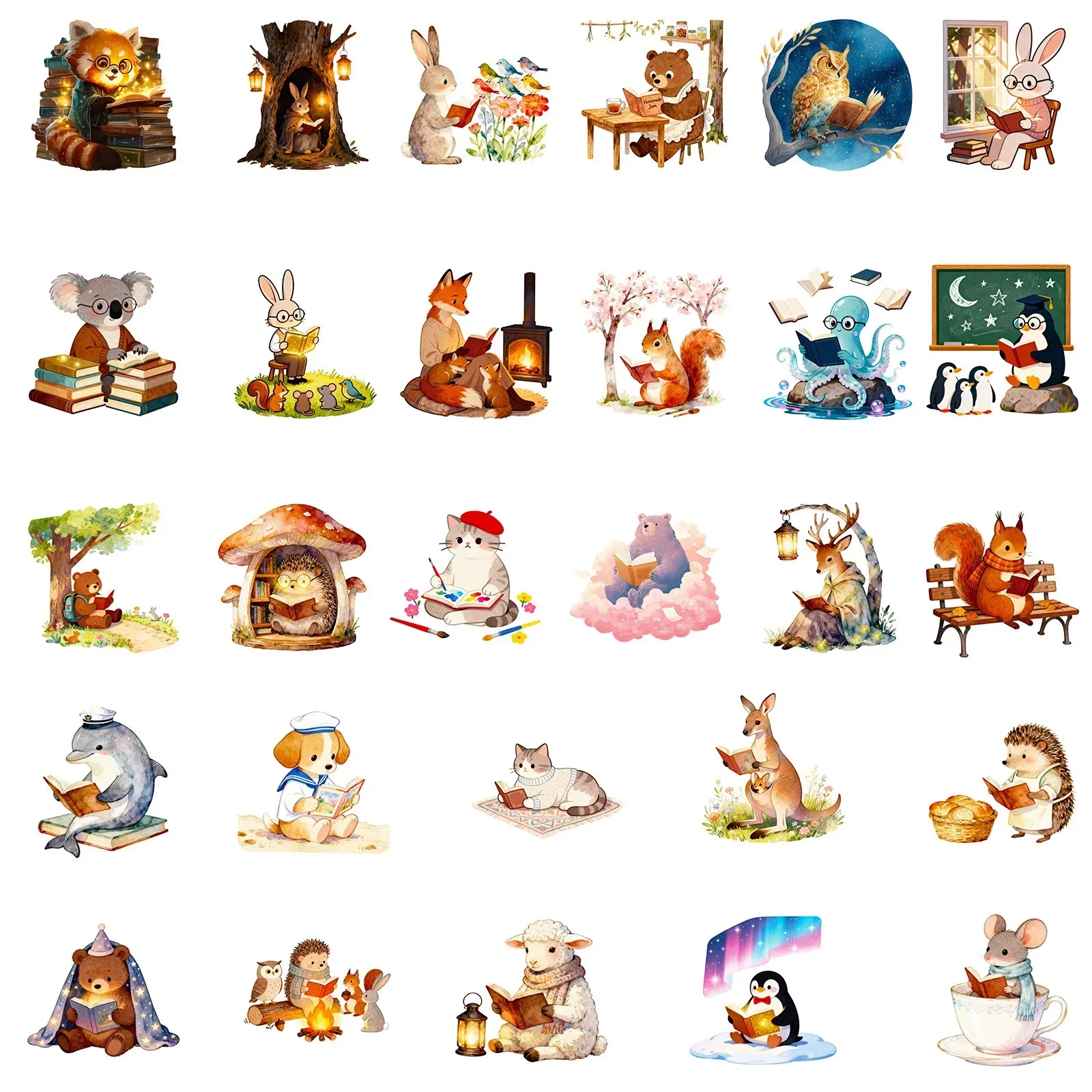 56Pcs Cute Funny Animal Reading Books Kindle Stickers Aesthetic Girls Decals Scrapbooking Notebook Laptop Phone Diary Sticker