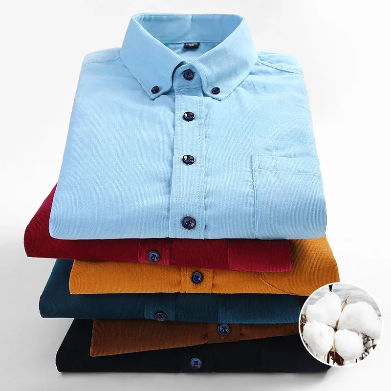 2025 Cotton Corduroy Casual Warm Solid  Shirt Long Sleeve Winter Regular Fit Mens Men\'s Shirts with Pokets