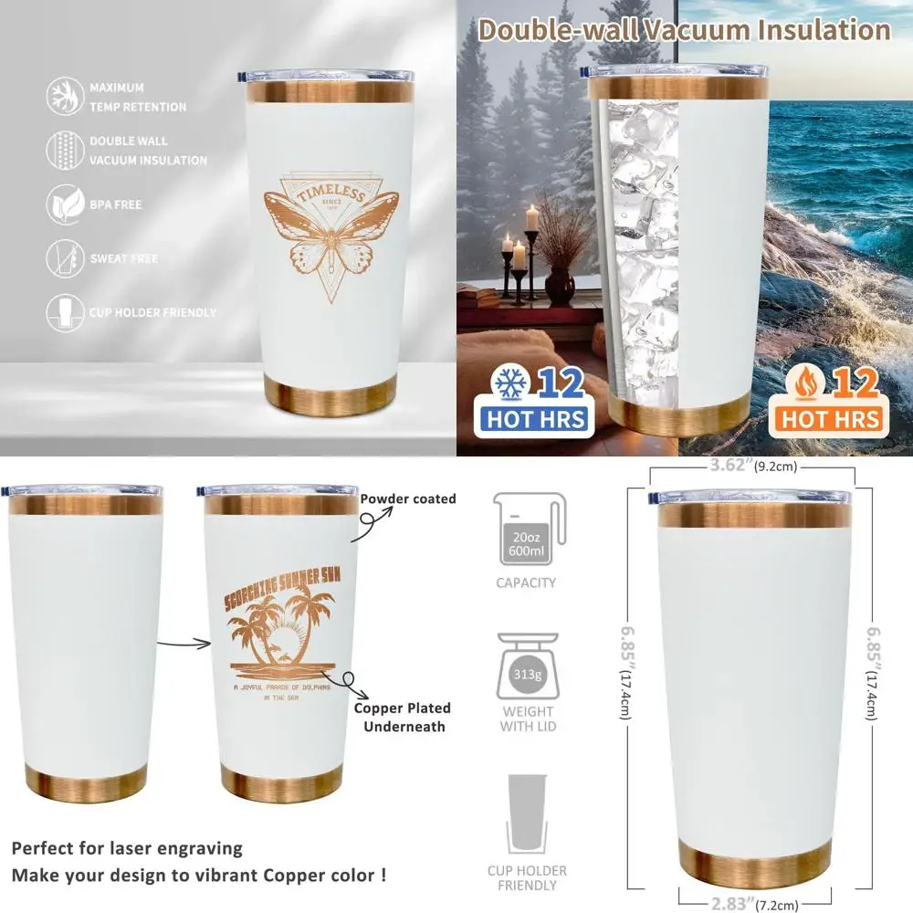 

Стакан из нержавеющей стали на 20 унций с крышкой и соломинкой, изолированная медная кружка для лазерной гравировки, чашки с порошковым покрытием на 24 унции (белый, 6 шт.