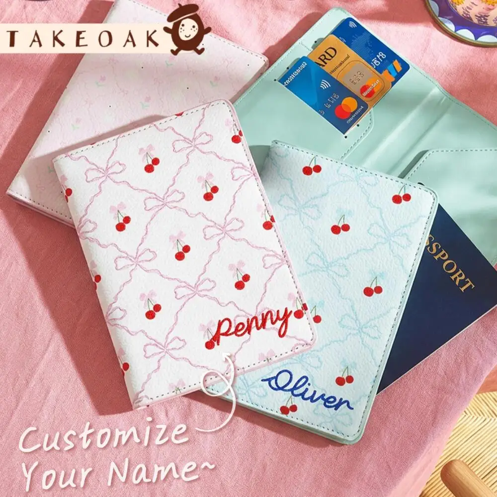 Personalized Embroidered Name Cherry Bow Pattern Passport Case Custom Pu Leather Travel Document Holder Credit Card Slots Wallet