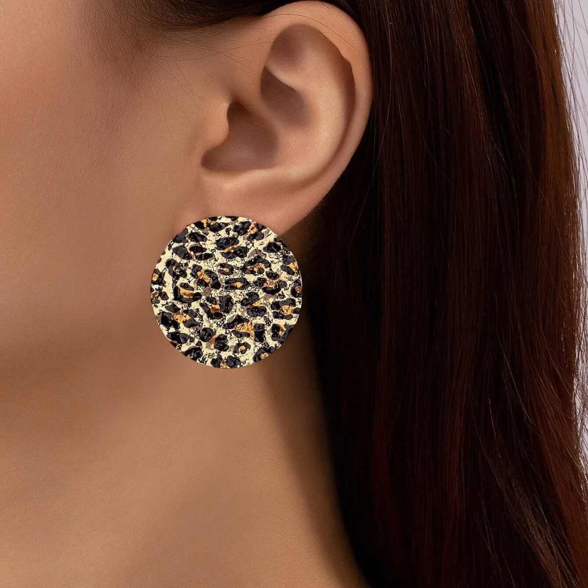 

Retro leopard print geometric earrings, exaggerated big round studs for women, vintage stylish temperament