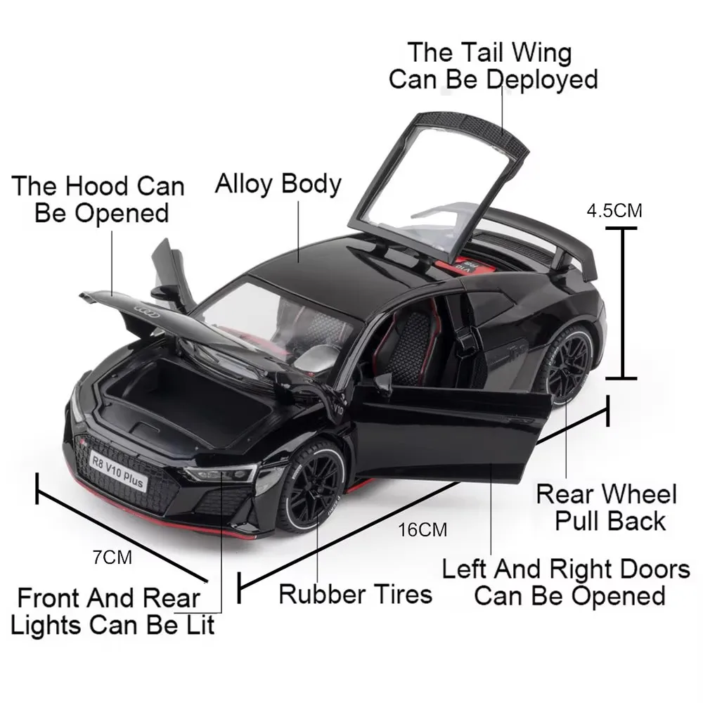 Coche fundido a presión de aleación AUDI R8 V10 Plus, escala 1:24, juguetes, modelos en miniatura, rueda extraíble, vehículos ligeros con sonido, modelo, regalos para niños