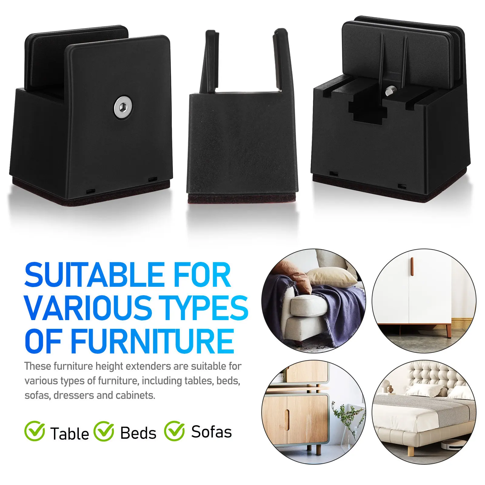 4Pcs Heavy Duty Adjustable Furniture Risers with Anti-Slip Soft Padding Floor Protection for Table Bed Sofa Cabinet Dresser Desk