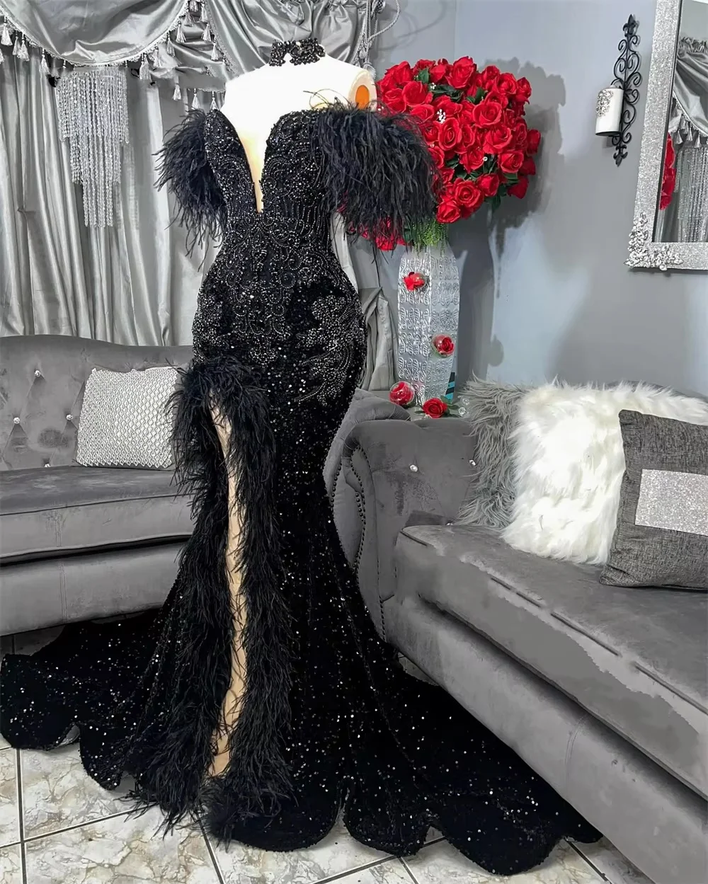 Black Feathers Rhinestones Prom Dresses Girls Off Shoulder Sequin High Split Birthday Party African Evening Gowns Customized