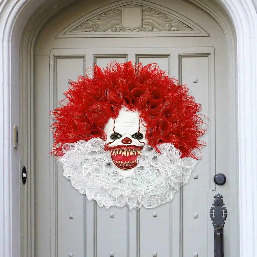 Halloween Clown Mask Wreath Scary Party Decor for Front Door Horror Masquerade Garland with Creepy Clown Face DIY Decorations