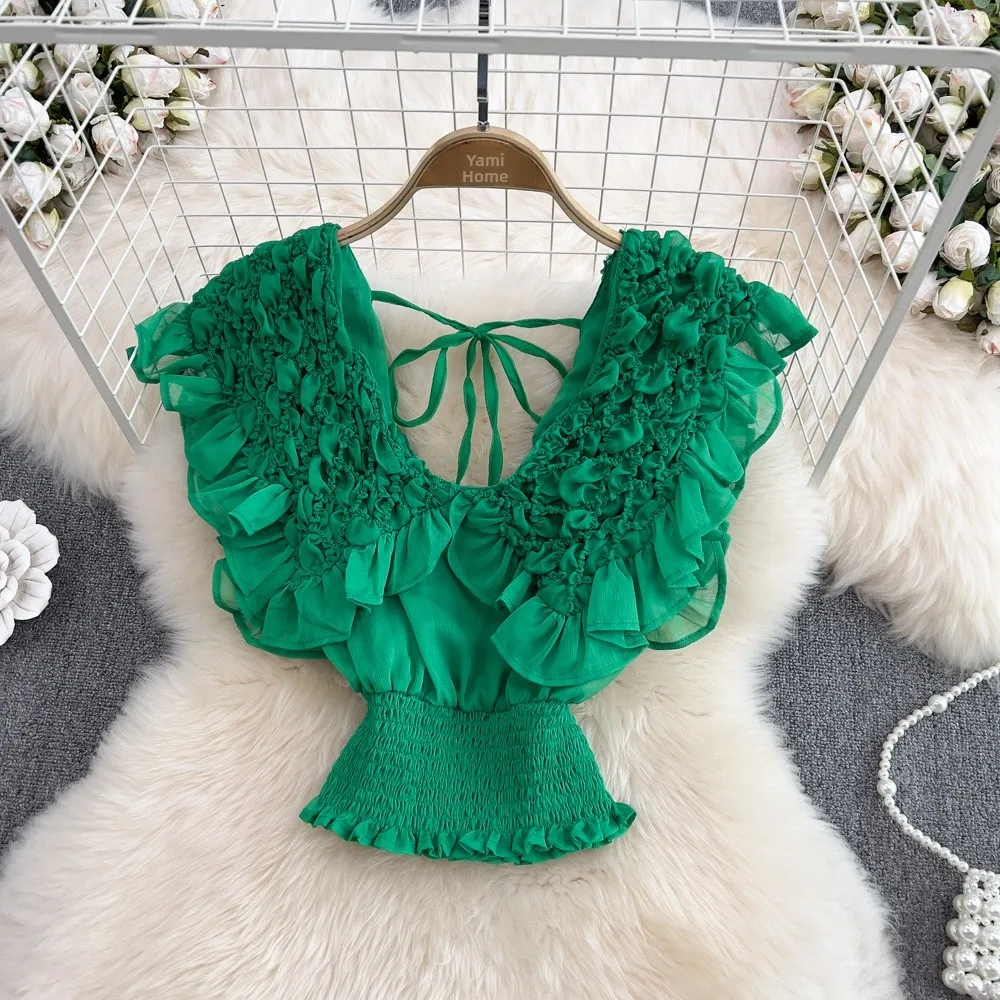 

Summer New Sle Korean V-ne Fly Sve Bal Pleated Elastic Chiffon Top Women's Faion Waist-cinching ort Trendy