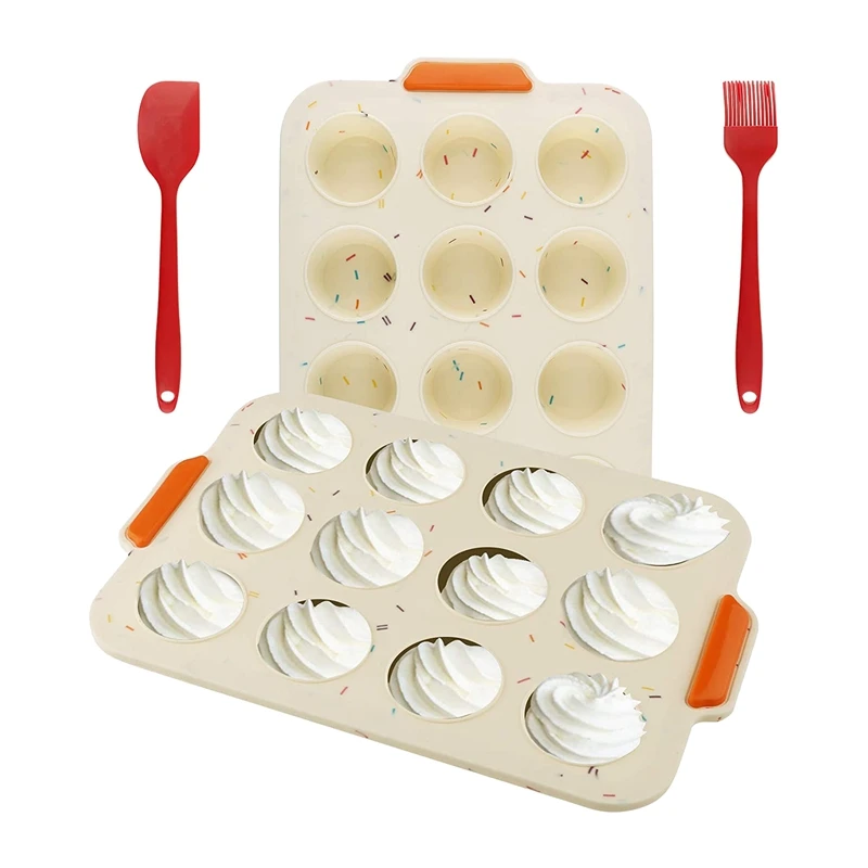 Silicone Non Stick Muffins Pan 2 Pack,Cupcake Baking Pan For 12 Cups,Baking Mould,For Brownies,Muffins,Pudding