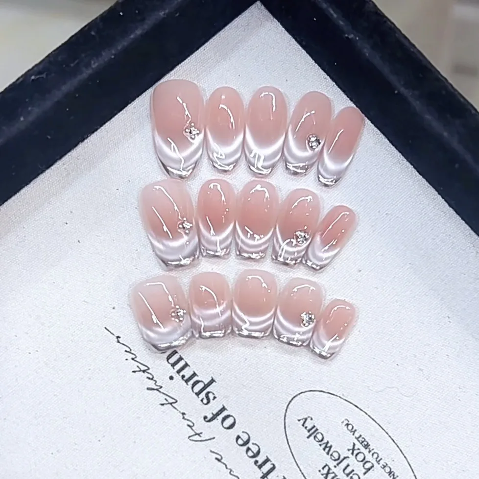 

10Pcs Handmade Nails Dreamy Fingertip Magic Mirror Pink Blush French Cat-Eye Style Press-On Nails Perfect As A Gift for Girls