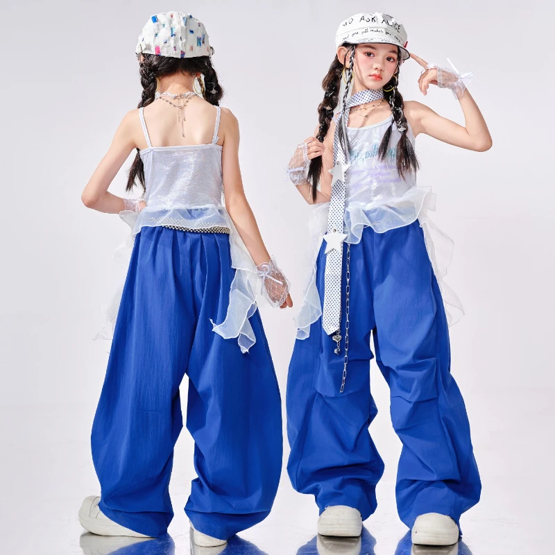 Vêtements de danse de rue pour filles, vêtements de danse Hip Hop, hauts de danse Jazz, pantalons bleus, Costume de spectacle sur scène, vêtements d'été pour spectacle de groupe, nouvelle collection