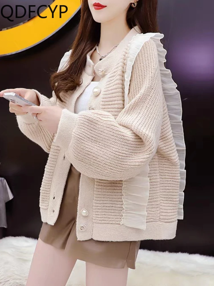 

Women's Sweaters Autumn Winter 2023 New Korean Elegant Loose Knit Top Casual Sweet Fashion Lace Ruffles Button Cardigan Female