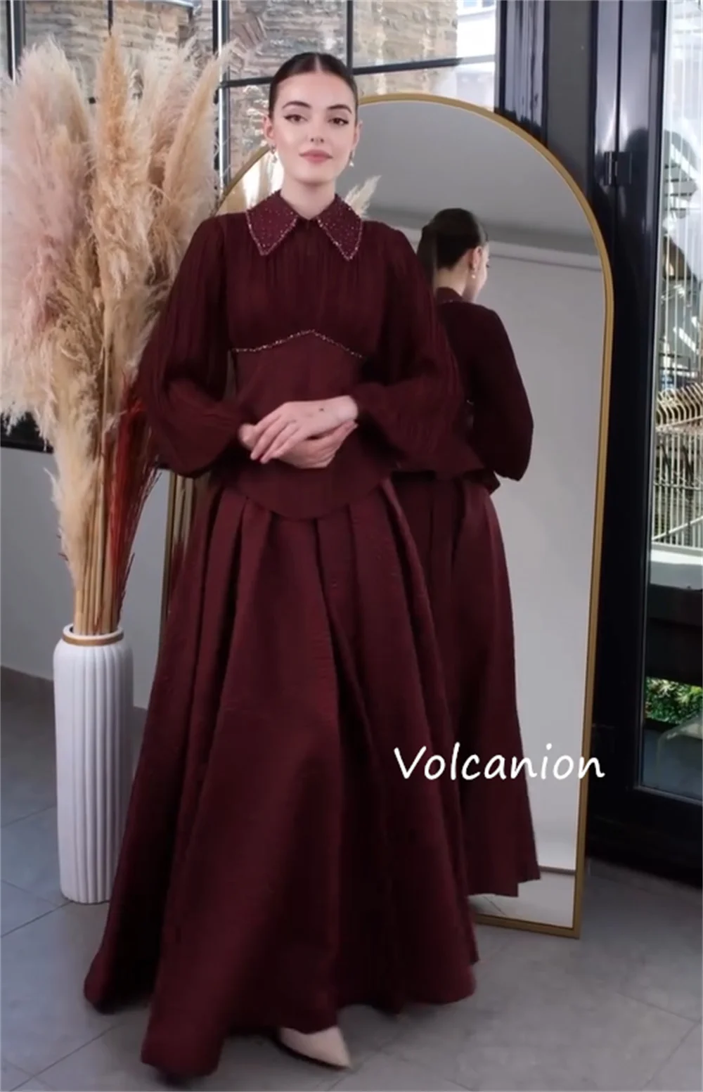 Customized Pastrol Pleat Sequined A-line High Collar Long Dresses Bespoke Occasion High Quality Simple