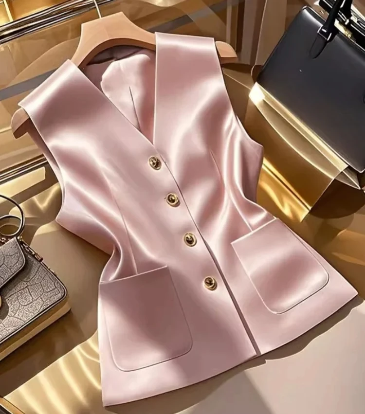 

Vintage Sweet Pink Satin Luxury Jackets Vest Summer Formal Party Dresses Gold Single Breasted Solid Vests Coats Elegant Women