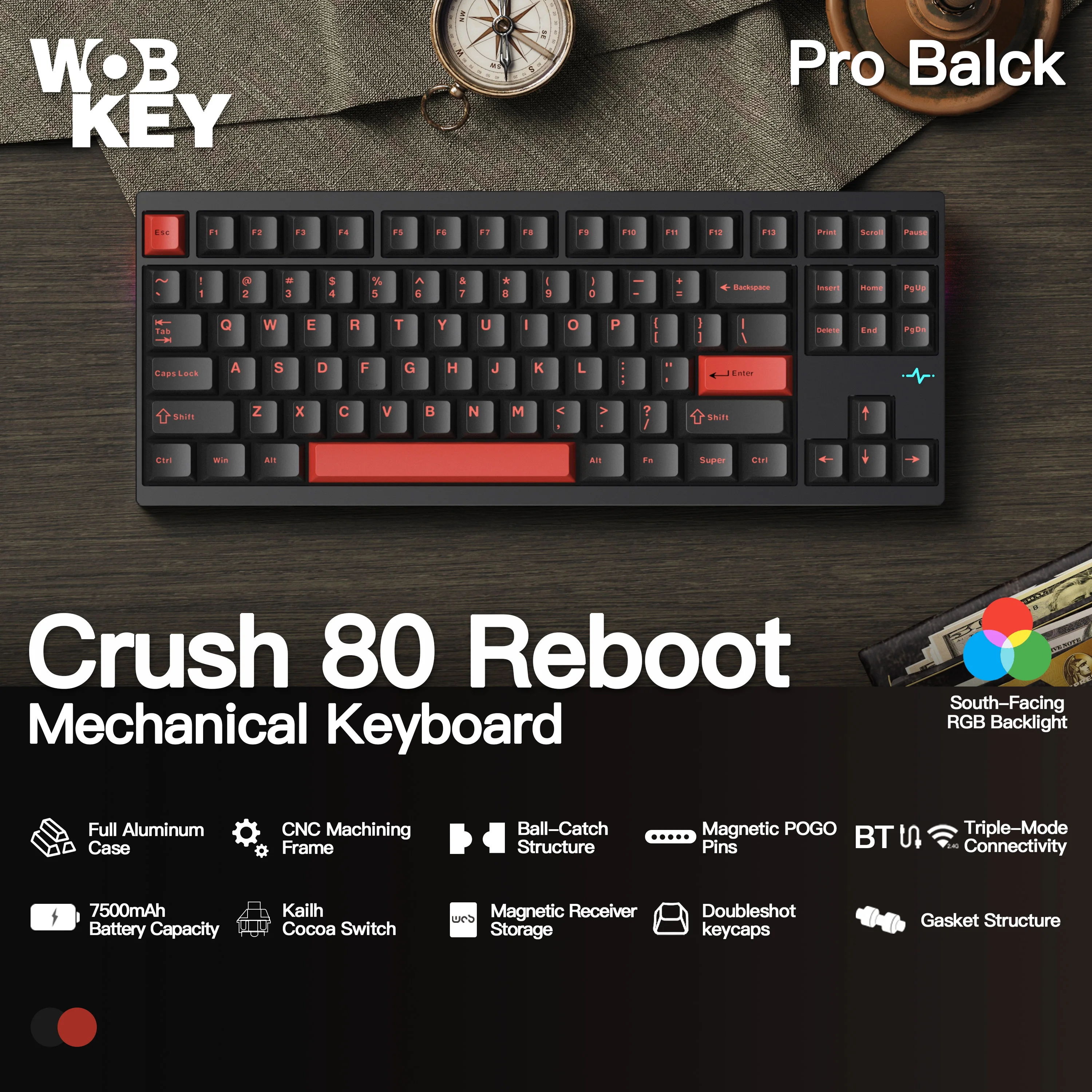 WOBKEY Crush80 Reboot CNC Aluminum 5-Second Quick-Release Triple-Mode Connectivity Mechanical Keyboard with Superior Acoustics