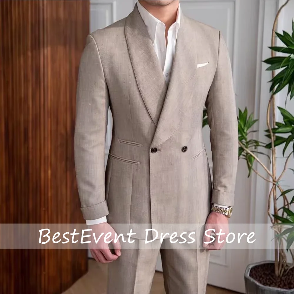 Men's Linen Suit 2-Piece Khaki Double-Breasted Slim Fit Breathable Jacket and Pants Formal Set for Summer Business Customized