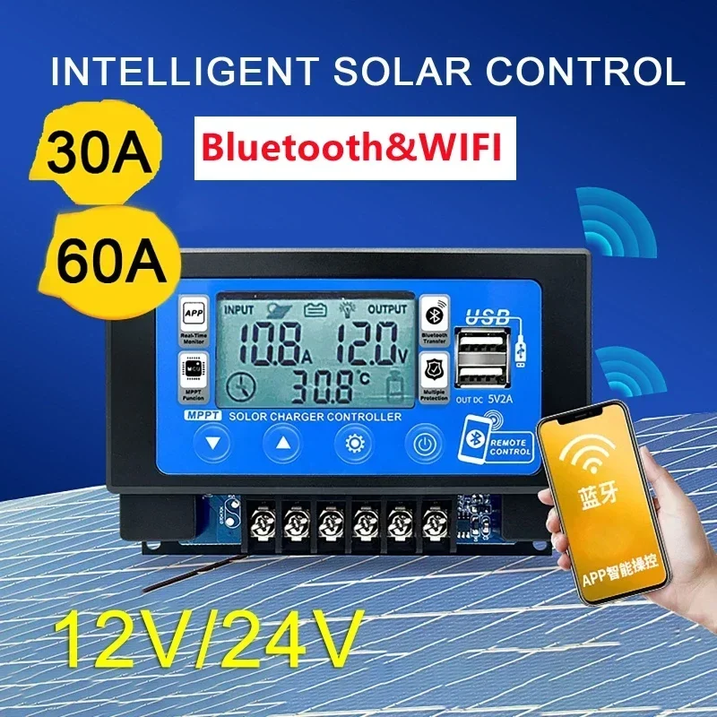 12V/24V 30A60A LCD Large Digital Display Bluetooth Wifi Solar Charge Controller Embedded Snap-on Energy Storage MPPT Controller