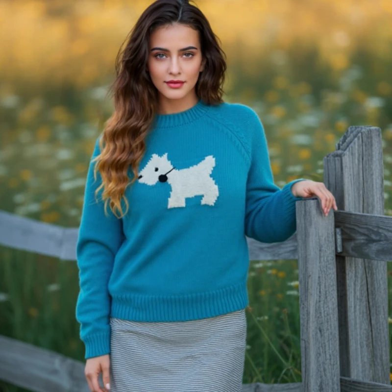 

Осень-зима, вязаный топ с милым щенком, повседневный пуловер с круглым вырезом и длинными рукавами, женский модный элегантный свитер