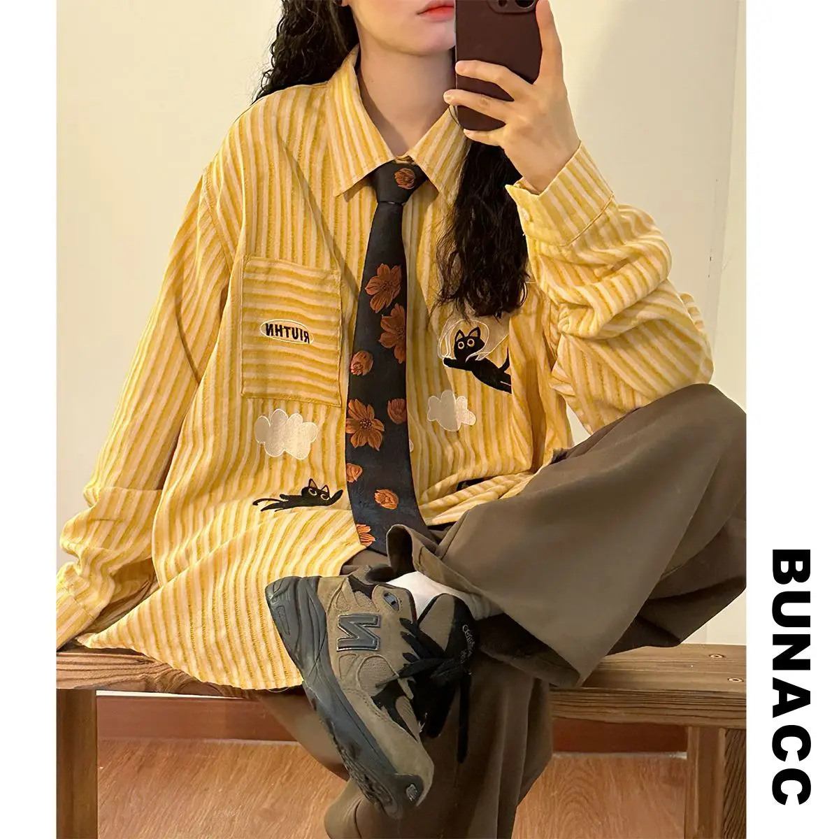

Retro Sle Long Sve Embroidery Loose Casual Striped Women's irt Fun Top BUNACC Autumn Collection Ladies Faion