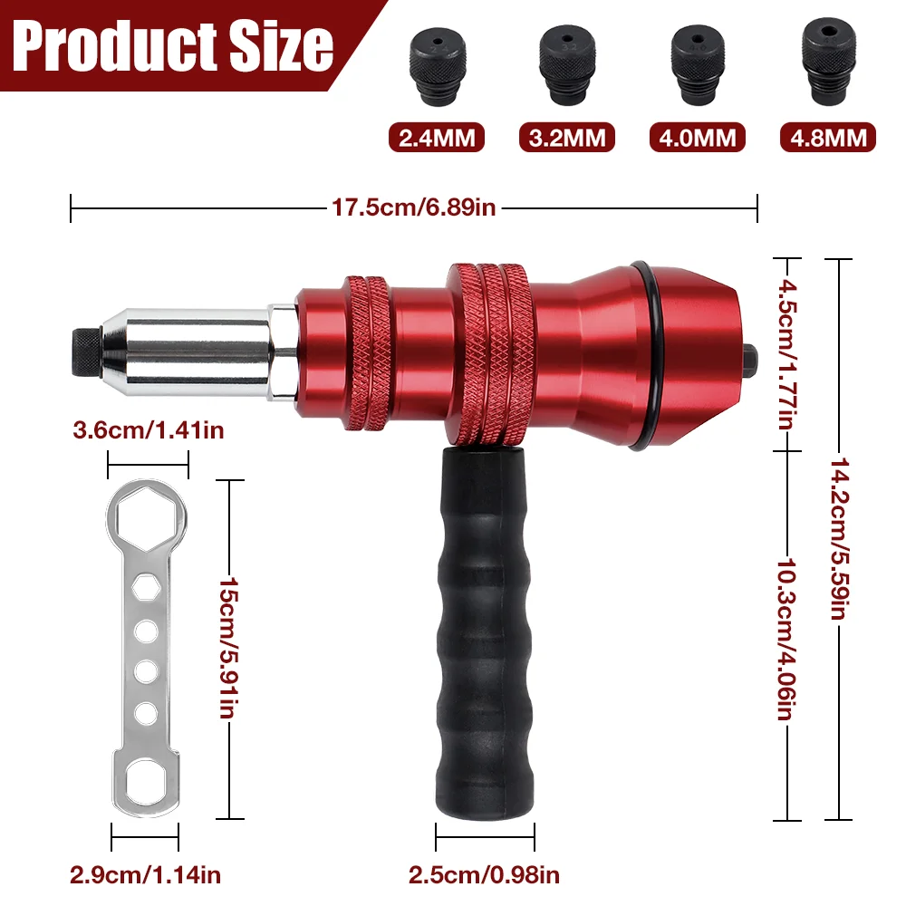 リベッティングマシン、電動リベットガンアダプター 2.4mm-3.2mm-4.0mm-4.8mm 家庭用リベッティングツール、ハンドルを含む、電気ドリルに適したコードレス多機能リベッティングマシン