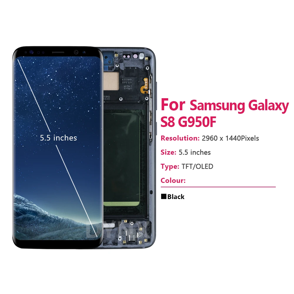 100% Tests Display For Samsung Galaxy S8 LCD Digitizer Touch Screen S8 G950 SM-G950F Assembly Replacement With Frame Back Cover