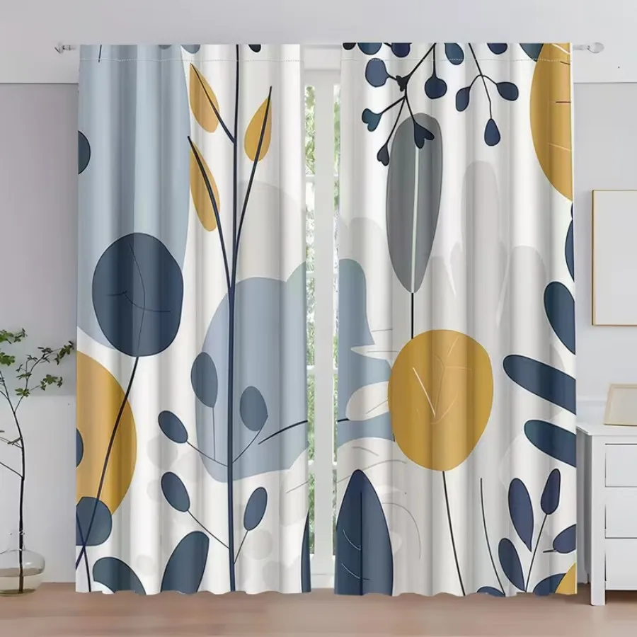 2 PCS Blue Yellow Geo Curtains, Modern Contrast Style Window Drapes for Living Room Bedroom Home Decor Polyester Rod Pocket