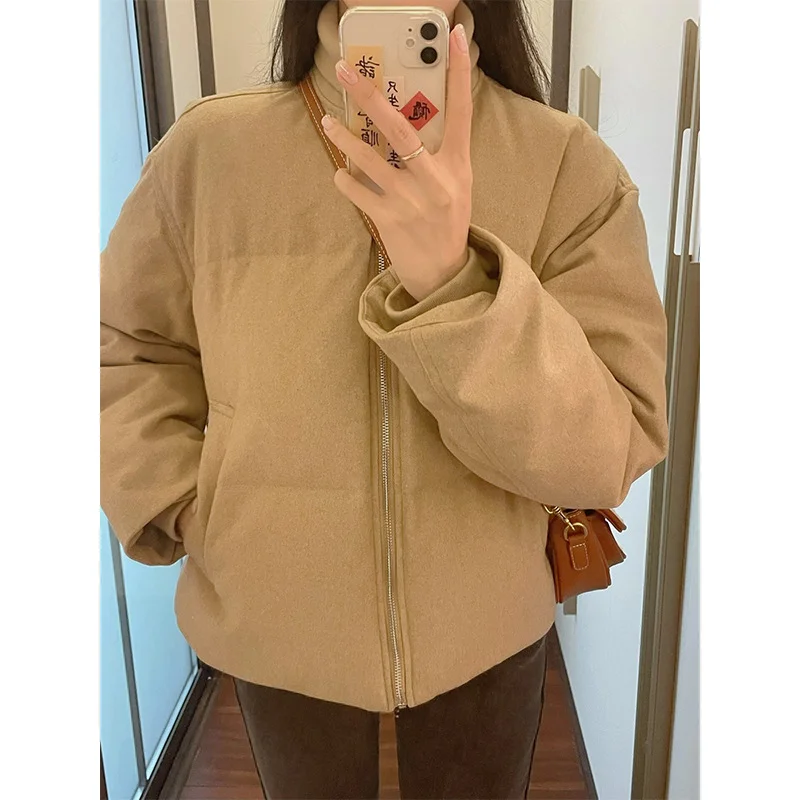 

Women Niche 90% White Duck Down Coats Wool Blend Autumn Winter Ribbed Stand Collar Pocket Silhouette Jacket Warm Tops Puffer