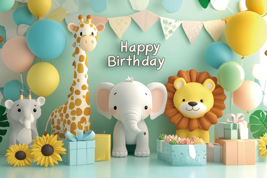 ฉากหลังสัตว์ป่าซาฟารี การ์ตูน ลูกโป่ง เด็กชาย เด็กหญิง งานวันเกิดครบรอบ 1 ปี งานเลี้ยงฉลองทารกแรกเกิด ของตกแต่งงานเลี้ยง ฉากถ่ายภาพ