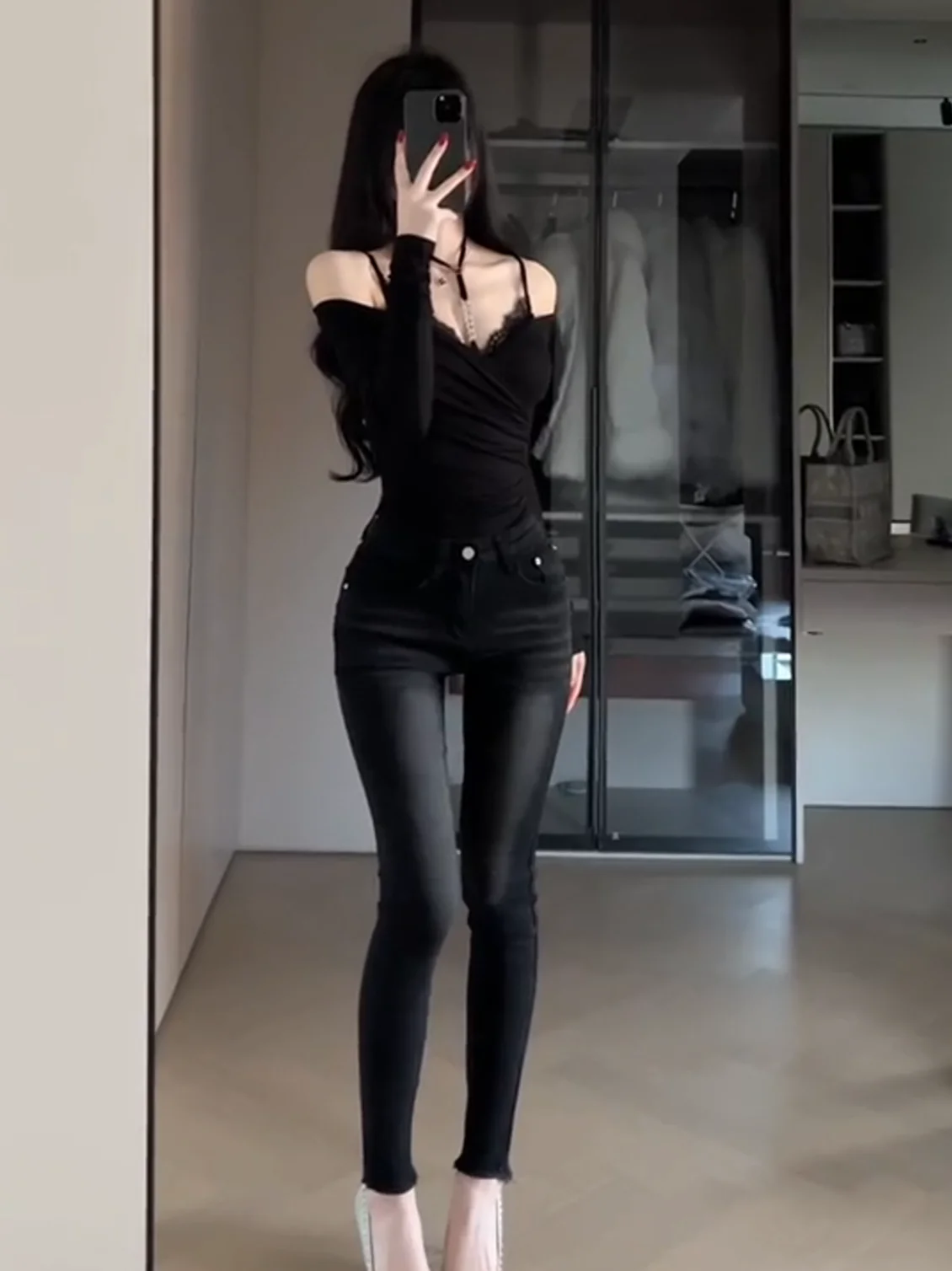 

High Waist Stretchy Slimming High Street Faionable Korean Sle Nine-Tenths Length Jeans Women's Faion Spring Autumn