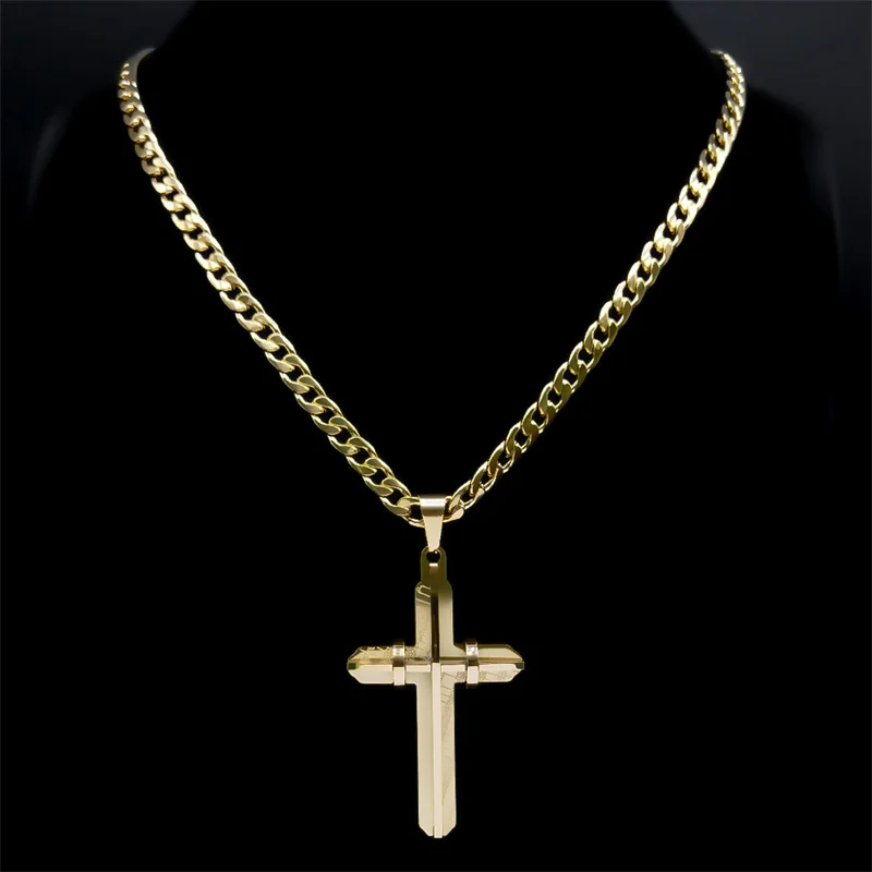 Men\'s Cross Male Crucifix Long Necklace for Women Stainless Steel Gold Plated Christian Long Necklaces Biker Jewelry N2341S03