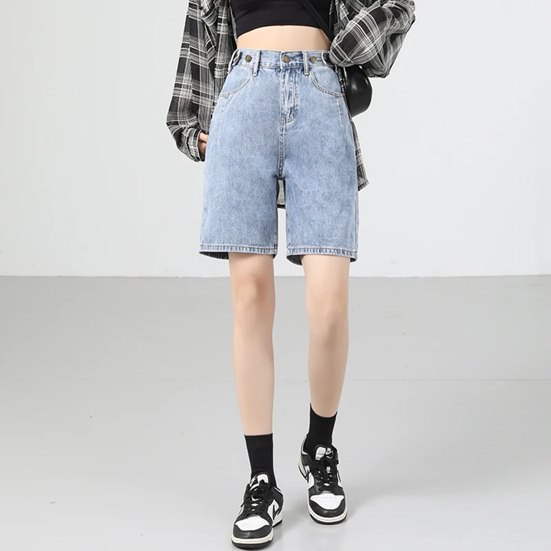 New Women Summer Dark Blue Denim Shorts Fashion All-match Stretch Waist Loose Shorts Casual Basic Straight Thin Shorts