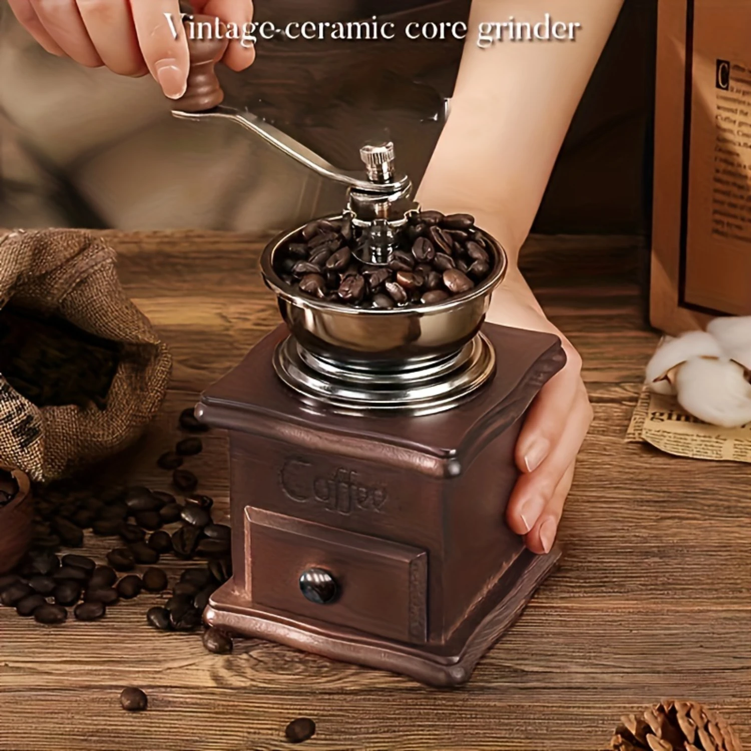 

1set Wooden Classic Vintage Mini Manual Bean Grinder Press Pot Set Kitchen Coffee Utensils Home Handheld Coffee Bean Grinder Gif