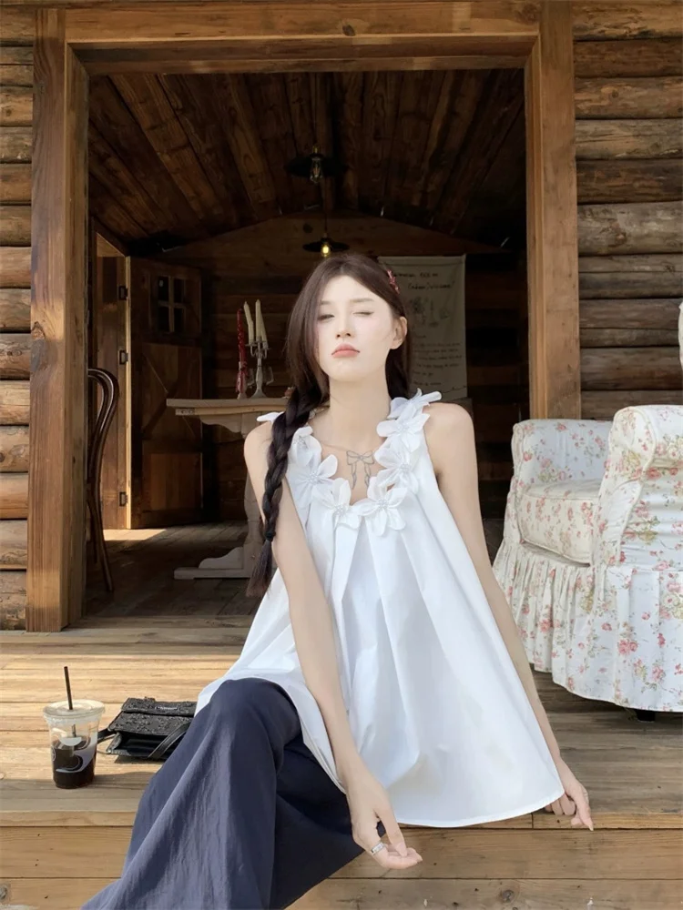 

Luxury Fench Style White Sleeveless Top Women's Fairy 3D Flower Appliques A-line Tank Top Sweet Beach Vacation Tank Camis