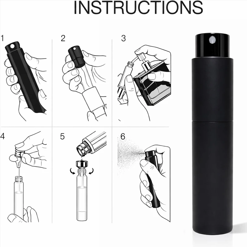 5ml 3er-Pack Reise-Parfümzerstäuber, tragbarer Kölnischwasser-Sprüher mit feinem Nebel, drehbarer Düse, Trichter und Tropfer, Schwarz – Detail 6