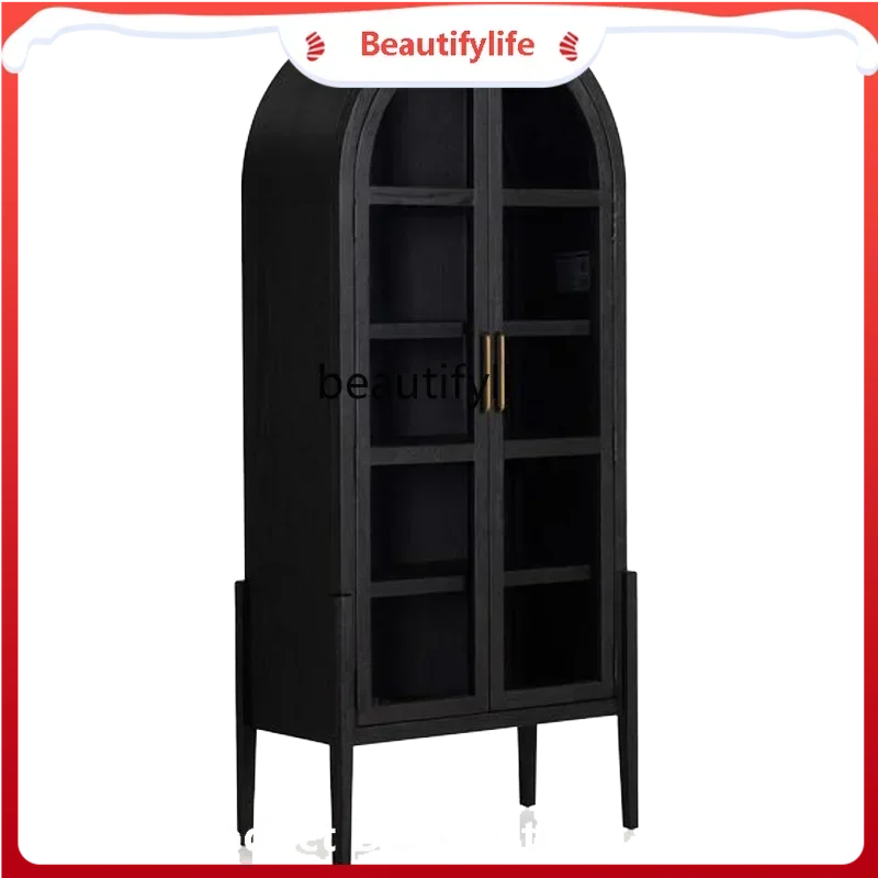 

xzAmerican-Style Arched Bookcase French Retro Wine Cabinet Solid Wood Household Black Sideboard Cabinet with Glass Door