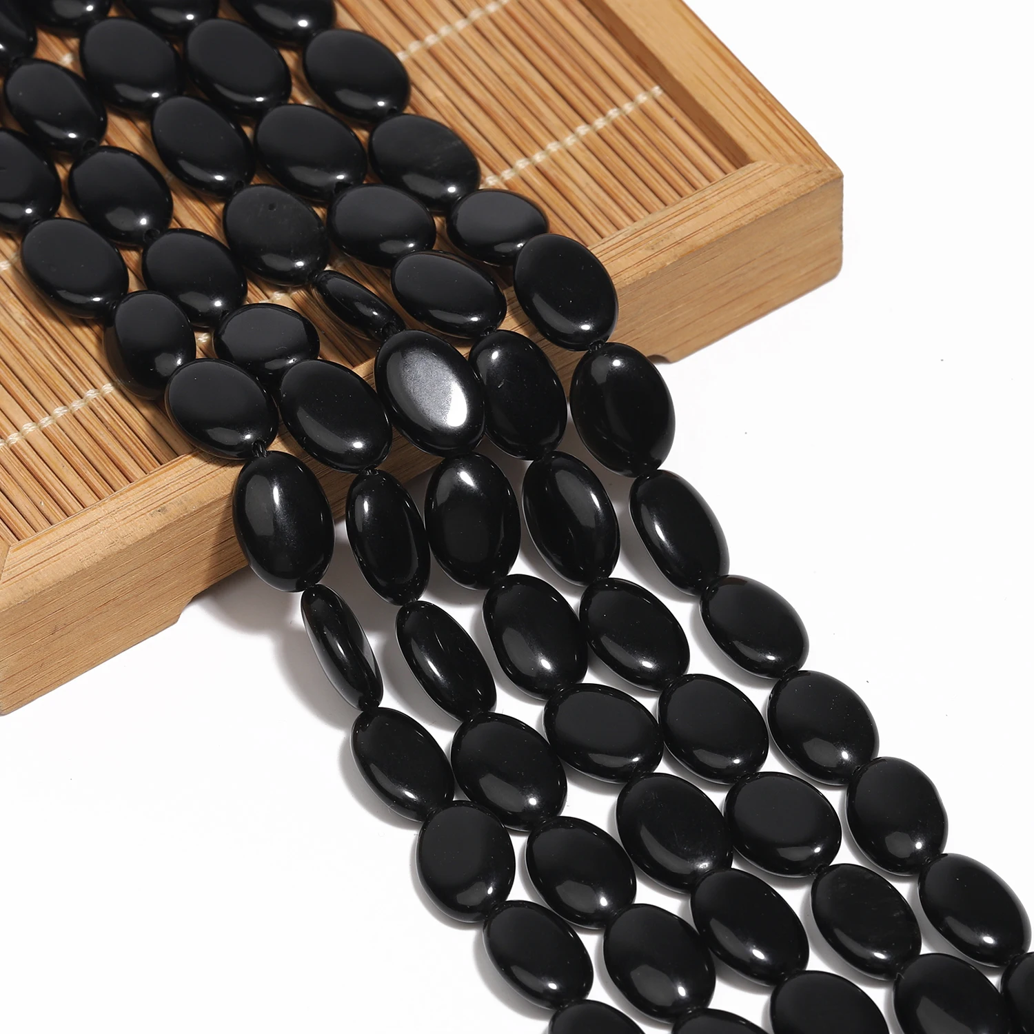 14x10mm Flat Oval Natural Stone Black Obsidian Beads Loose Spacer Beads For Jewelry Making DIY Charms Bracelets Accessories 15\'\'